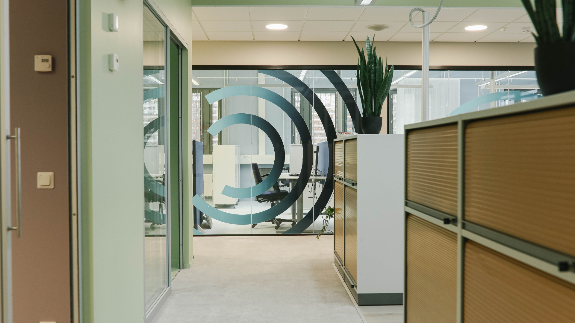 Tässä kuvassa on Meitan Lappeenrannan toimiston teipattu lasinen väliseinä Meitan logolla sekä toimistokäytävää kaappeineen